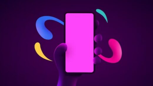 a cute purple cartoon hand holding a pink smartphone
