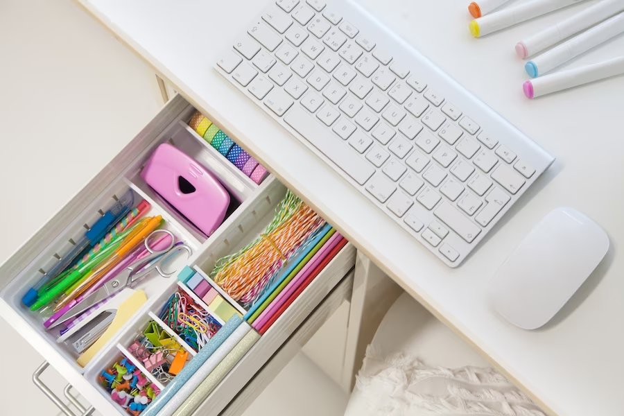 Desk drawer with organizer and stationery items