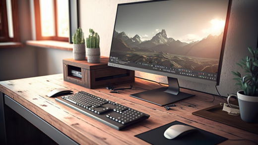 Desktop computer on a wooden desk with cactus