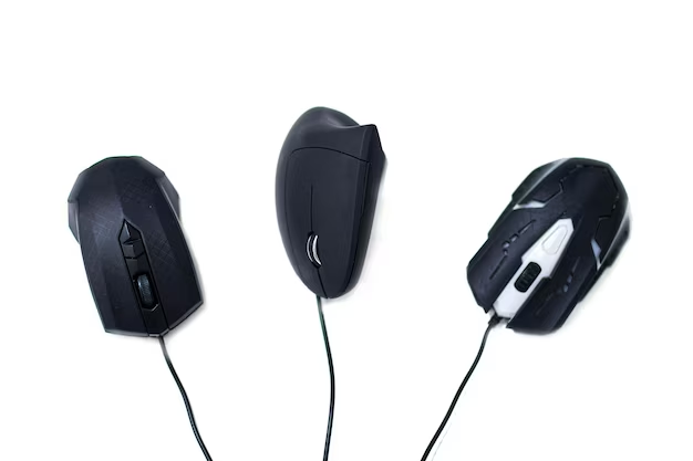 Three black wired computer mice on a white background