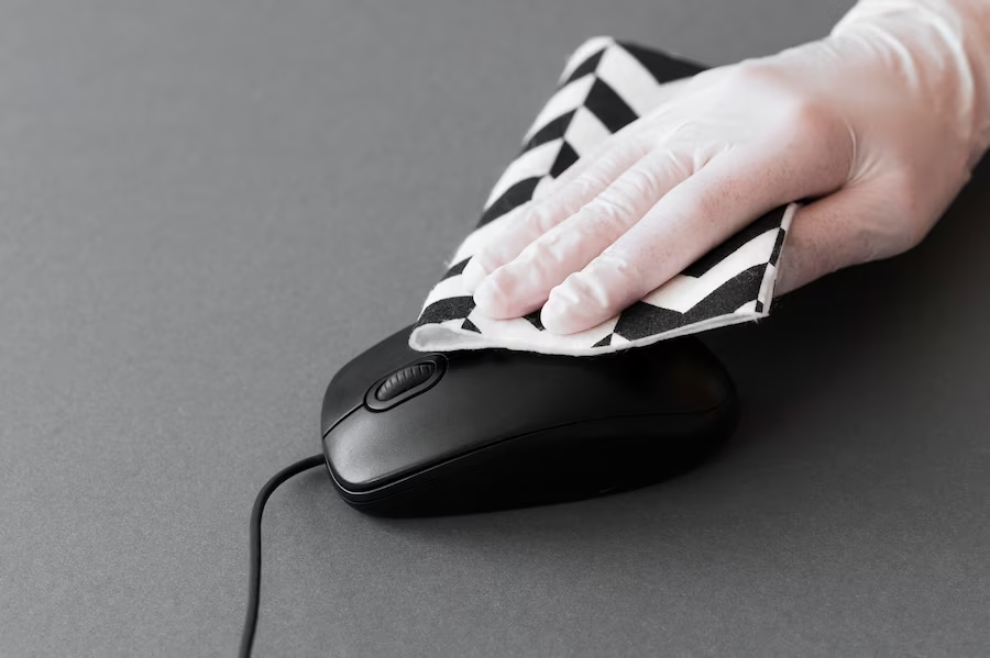 A hand in gloves cleaning a black computer mouse
