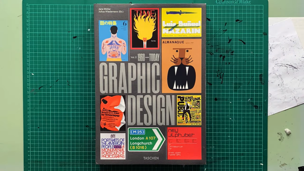 graphic design book with pictures on green background