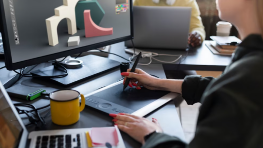 woman using tablet, cup, laptop, and computer screen on the table